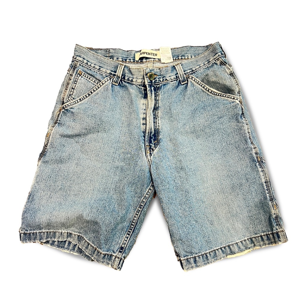 Levi's Carpenter w34 Denim Jean Shorts Light Wash Zip Fly Distressed raw hem 90s